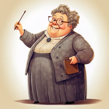 Illustration of a cheerful, adult, fat primary school teacher. The concept of school education