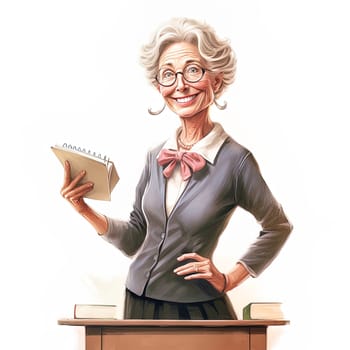 Illustration of a cheerful, mature, thin primary school teacher. The concept of school education. High quality illustration