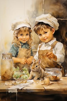 Illustration of children feeding a rabbit. High quality illustration
