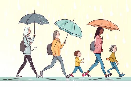 Adults and children with umbrellas walk in the rain. High quality illustration