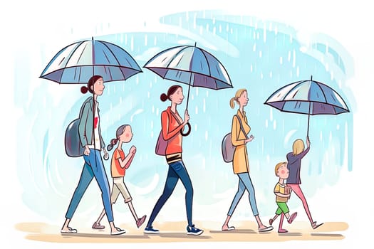 Adults and children with umbrellas walk in the rain. High quality illustration