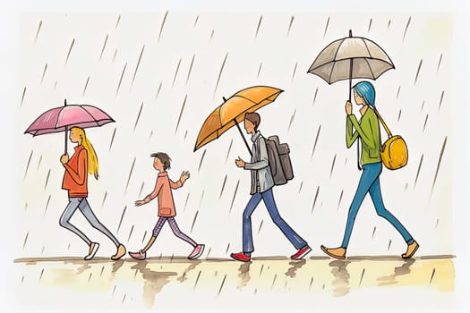 Adults and children with umbrellas walk in the rain. High quality illustration