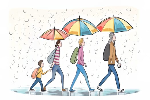 Adults and children with umbrellas walk in the rain. High quality illustration