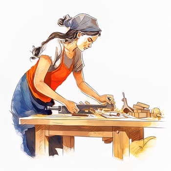 Illustration of a carpenter girl on a workbench processes a wooden blank. High quality illustration