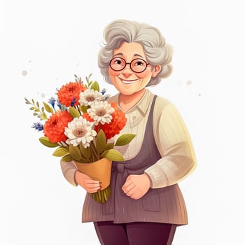 Illustration of an adult female primary school teacher with a bouquet of flowers. High quality illustration