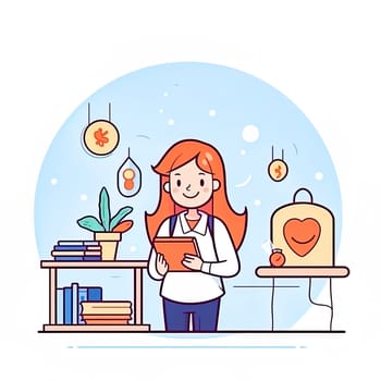 Illustration of a schoolgirl studying objects on the table. High quality illustration