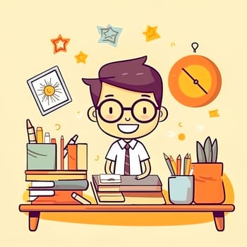 Illustration of a schoolboy at a desk with study supplies. High quality illustration