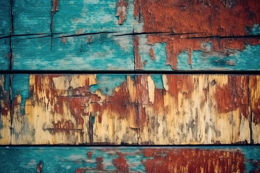 Texture of vintage wooden boards with cracked yellow and blue paint. High quality photo