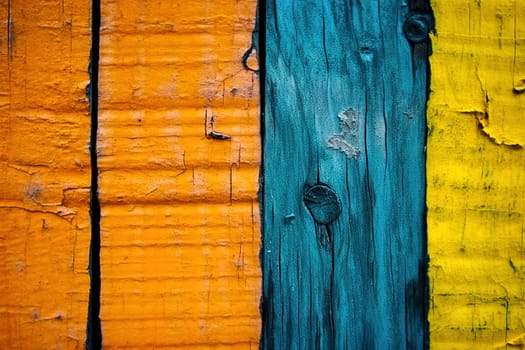 Texture of vintage wooden boards with cracked yellow and blue paint. High quality photo