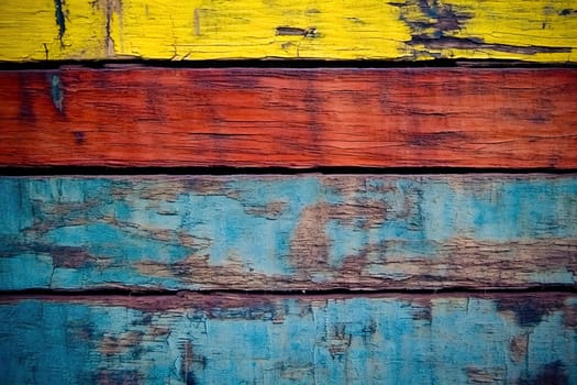 Texture of vintage wooden boards with cracked yellow and blue paint. High quality photo