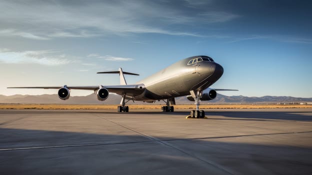 White Civil aviation aircraft on the runway in the rays of the sun. generative AI