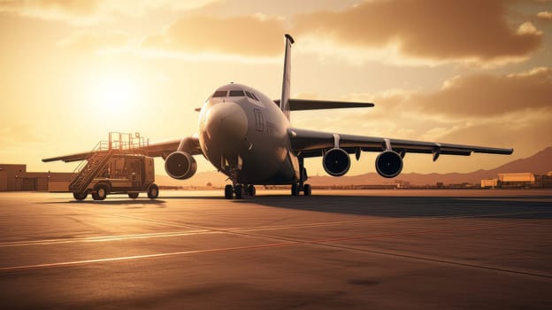 White Civil aviation aircraft on the runway in the rays of the sun. generative AI