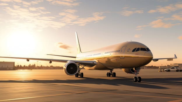 White Civil aviation aircraft on the runway in the rays of the sun. generative AI