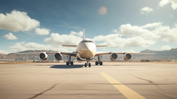 White Civil aviation aircraft on the runway in the rays of the sun. generative AI