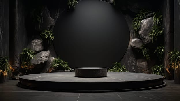 Black Abstract 3D Elegant Podium Stage. Modern 3D Rendered Room with geometric shapes, cosmetic product display stage. generative AI