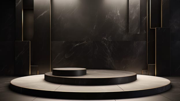 Black Abstract 3D Elegant Podium Stage. Modern 3D Rendered Room with geometric shapes, cosmetic product display stage. generative AI