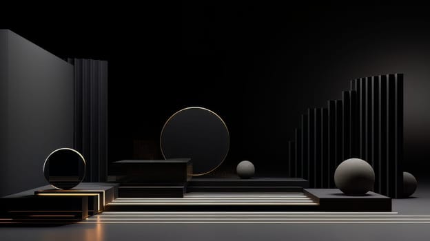 Black Abstract 3D Elegant Podium Stage. Modern 3D Rendered Room with geometric shapes, cosmetic product display stage. generative AI