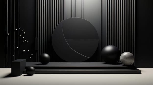 Black Abstract 3D Elegant Podium Stage. Modern 3D Rendered Room with geometric shapes, cosmetic product display stage. generative AI