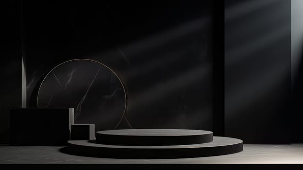 Black Abstract 3D Elegant Podium Stage. Modern 3D Rendered Room with geometric shapes, cosmetic product display stage. generative AI