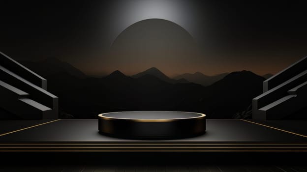 Black Abstract 3D Elegant Podium Stage. Modern 3D Rendered Room with geometric shapes, cosmetic product display stage. generative AI