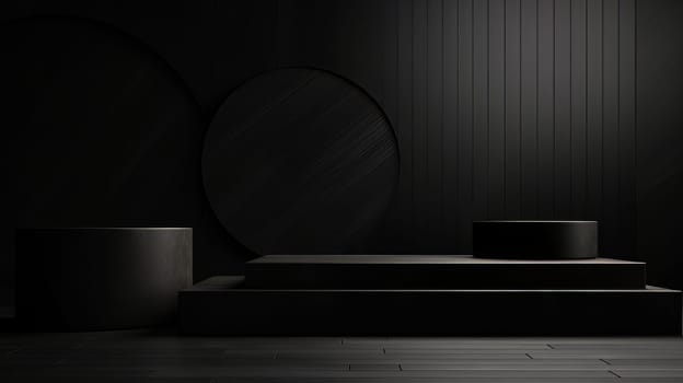 Black Abstract 3D Elegant Podium Stage. Modern 3D Rendered Room with geometric shapes, cosmetic product display stage. generative AI