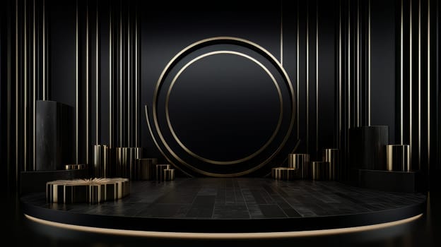 Black Abstract 3D Elegant Podium Stage. Modern 3D Rendered Room with geometric shapes, cosmetic product display stage. generative AI