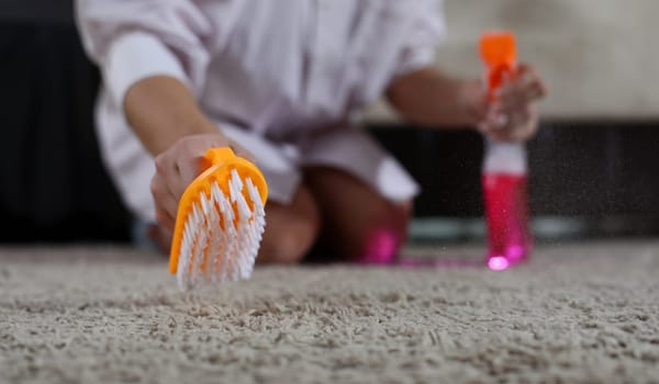 Close-up of female hand holding detergent pink spray and brush cleaning carpet at home. Woman janitor get rid of dust. Housework and housekeeping concept