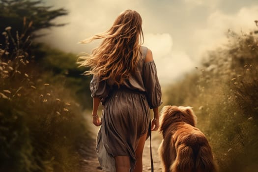 young woman walking her dog on country road in autumn day, sun shines, soft focus, AI Generated