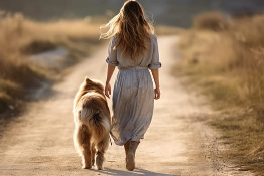 young woman walking her dog on country road in autumn day, sun shines, soft focus, AI Generated