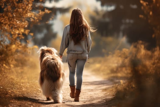 young woman walking her dog on country road in autumn day, sun shines, soft focus, AI Generated