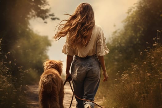 young woman walking her dog on country road in autumn day, sun shines, soft focus, AI Generated