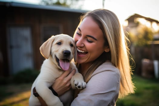 candid lifestyle photo of thitry years old woman holding her puppy in the backyard of the house, AI Generated