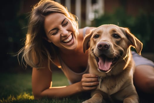 candid lifestyle photo of thitry years old woman holding her puppy in the backyard of the house, AI Generated