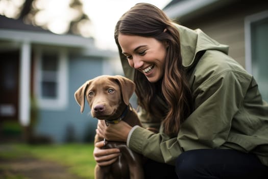 candid lifestyle photo of thitry years old woman holding her puppy in the backyard of the house, AI Generated