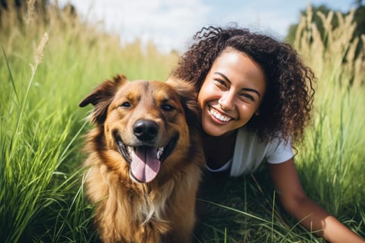 Lifestyle portrait. laughing woman and her dog lying on the drass together, top view, AI Generated