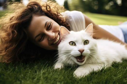 Lifestyle portrait. laughing woman and her cat lying on the drass together, top view, AI Generated
