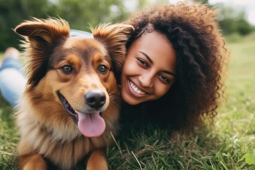 Lifestyle portrait. laughing woman and her dog lying on the drass together, top view, AI Generated