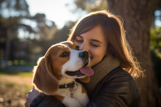 young adult woman embracing her beagle dog, outdoor autumn park, AI Generated