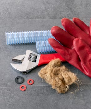 serrated kitchen drain pipe and wrench,plumbing linen and thick work gloves-plumbing works-plumbing materials-