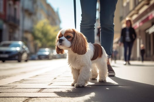 Pet care. dog walking with unrecognizable owner in city street crosswalk, AI Generated