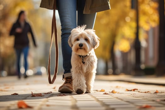 Pet care. dog walking with unrecognizable owner in city street crosswalk, AI Generated