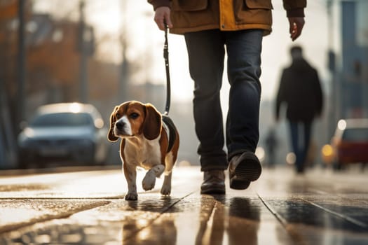 Pet care. dog walking with unrecognizable owner in city street crosswalk, AI Generated