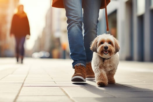 Pet care. dog walking with unrecognizable owner in city street crosswalk, AI Generated