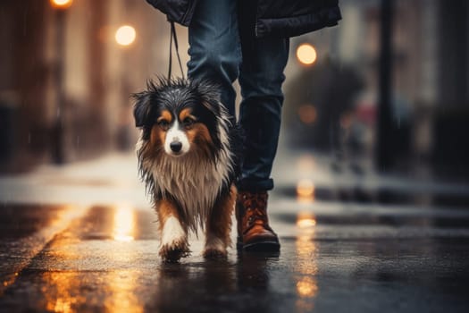 Pet care. dog walking with unrecognizable owner in city street crosswalk in rainy day , AI Generated