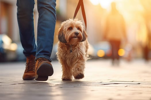 Pet care. dog walking with unrecognizable owner in city street crosswalk, AI Generated