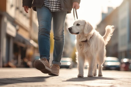 Pet care. dog walking with unrecognizable owner in city street crosswalk, summer sunny day, AI Generated