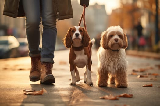 Pet care. dogs walking with unrecognizable owner in city street crosswalk, summer sunny day, AI Generated