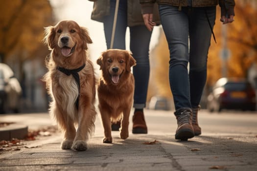 Pet care. dogs walking with unrecognizable owner in city street crosswalk, summer sunny day, AI Generated