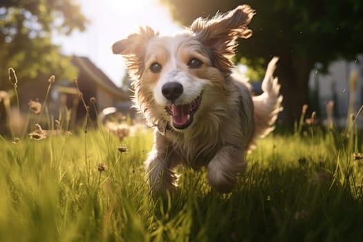 cute happy dog running and playing outside, dog in motion, low angle view, AI Generated
