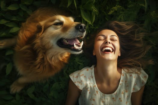 Lifestyle portrait. laughing woman and her dog lying on the drass together, top view, AI Generated